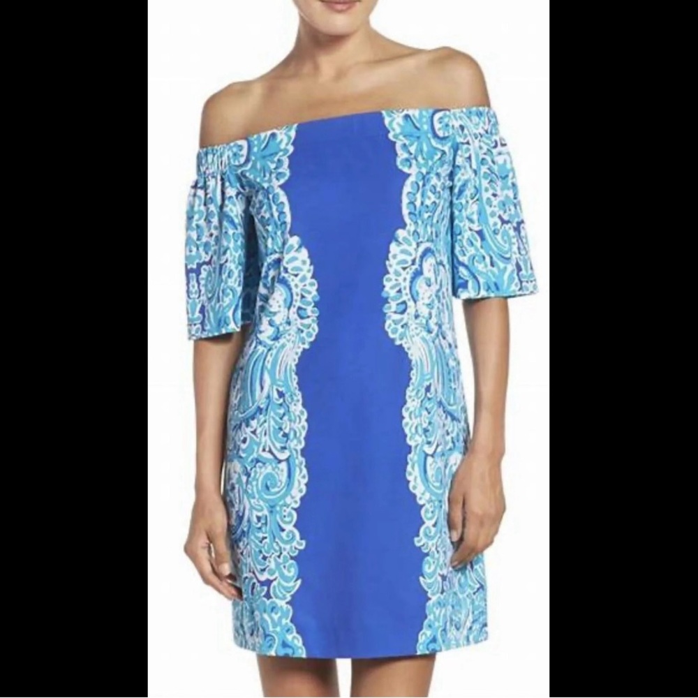 Lilly Pulitzer Large Tiana Dress Off The Shoulder Brilliant Blue Moon Jellies